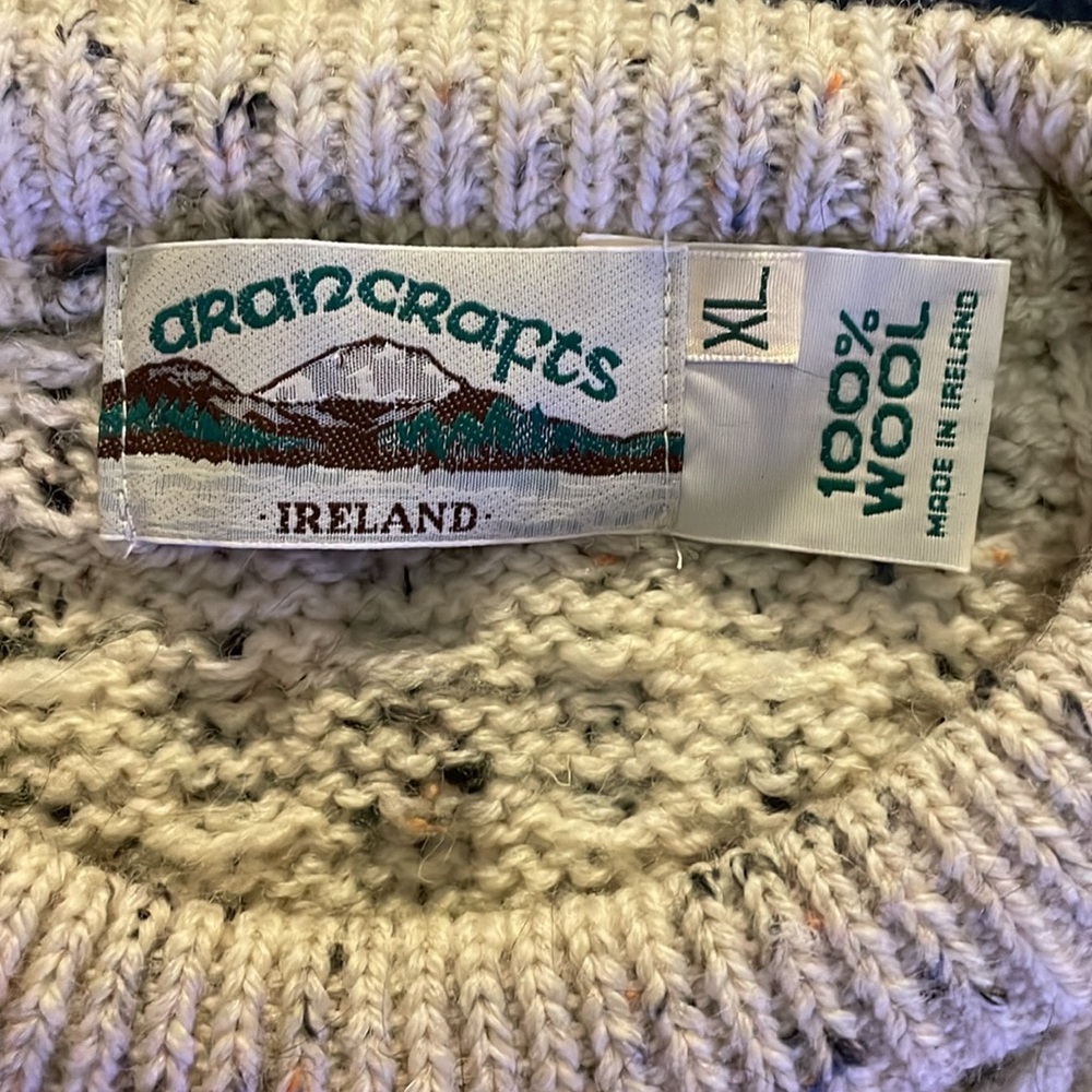 Arancrafts Ireland 100% Wool Vintage Cream Speck Fisherman Cable Knit Sweater XL - Picture 4 of 7